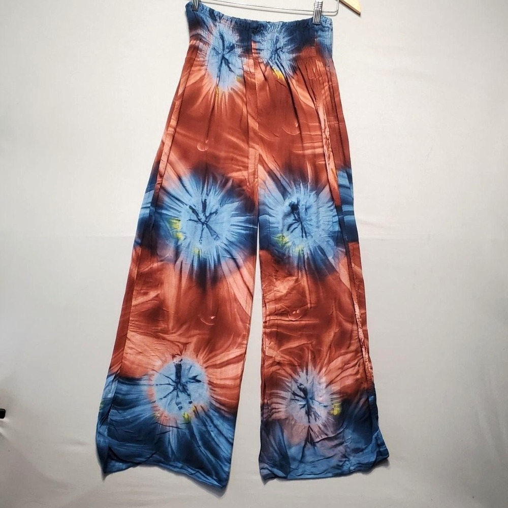 Boho Tie Dye Smocked Waist Palazzo Pants Womens S Blue Wide Leg Beach Festival